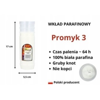 Wkłady do zniczy 15szt Promyk 3 parafinowe 64h Ignis długopalące 17cm