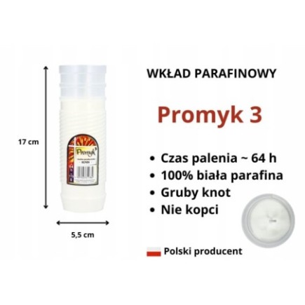Wkłady do zniczy 15szt Promyk 3 parafinowe 64h Ignis długopalące 17cm