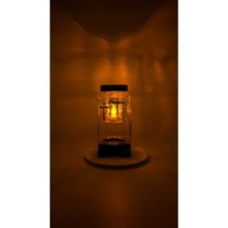 Lampion Znicz Szklany SOLARNY LED KRZYŻ SREBRO | WIECZNE ŚWIATŁO CZERWONE